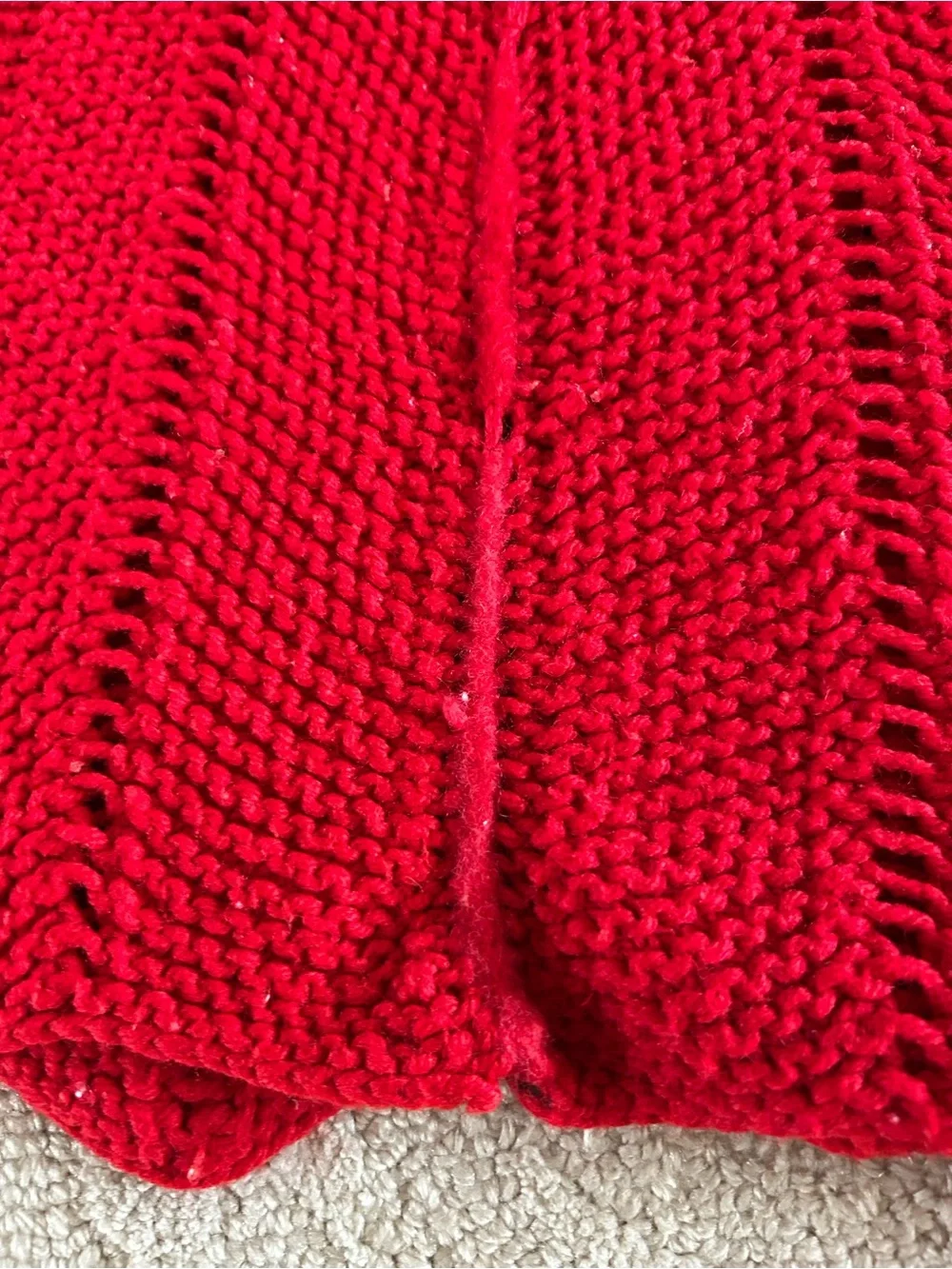 Vintage Handmade Afghan Blanket Crochet Knit 45x60 Red Scalloped Hem Holiday
